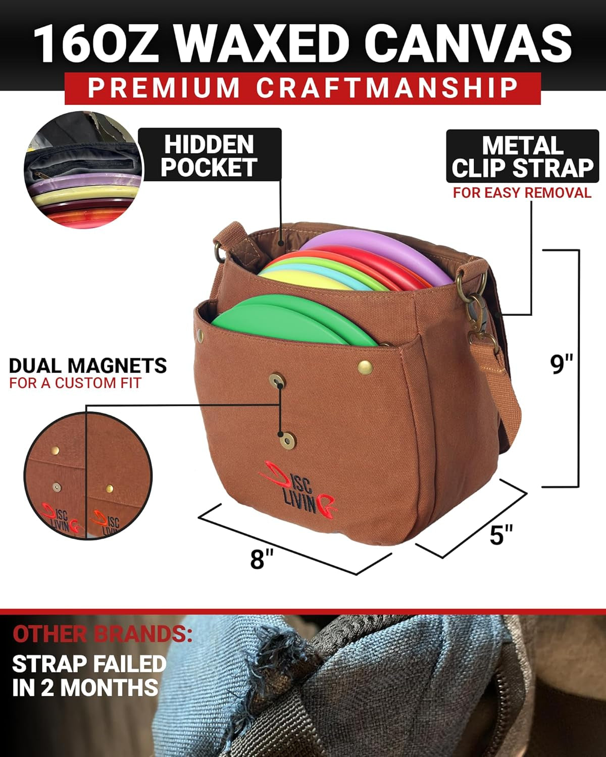 Disc Golf Bag | Frisbee Golf Bag | Easy to Carry | Lightweight Fits up to 10 Discs | 16 Oz Waxed Canvas Sturdy Design | Belt Loop | Double Button Design | Bottle Holder
