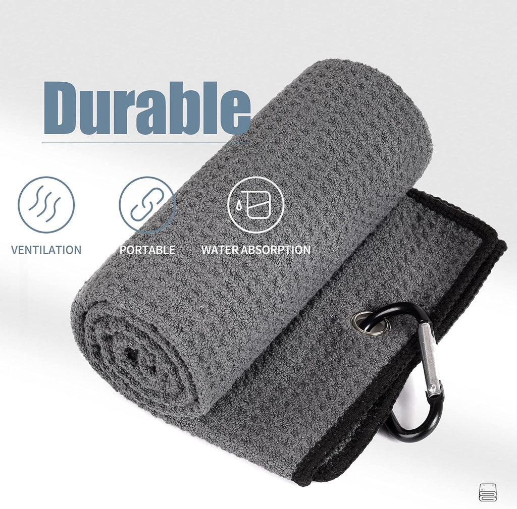 Tri-Fold Golf Towel | 16" X 24" | Premium Microfiber Fabric | Waffle Pattern | with Heavy Duty Carabiner Clip | for Men and Women (Dark Gray)
